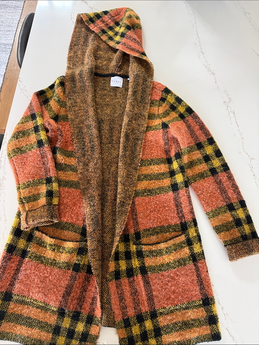 Cyrus Hooded Plaid Open-Front Coat in Orange and Black